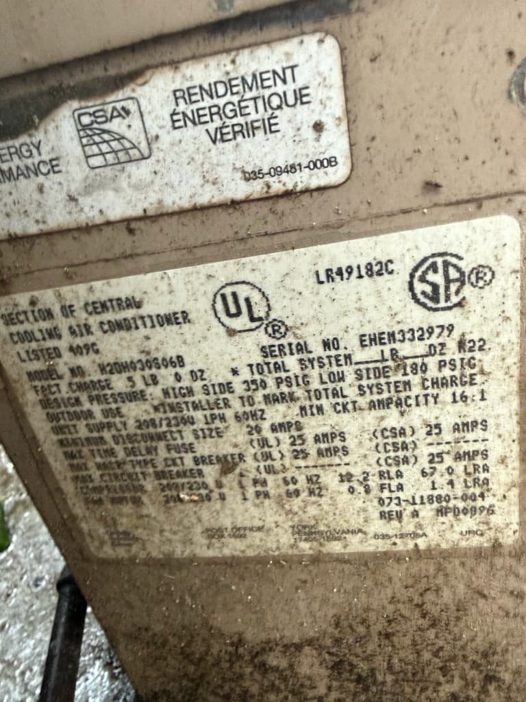 YORK central cooling unit nameplate — residential service